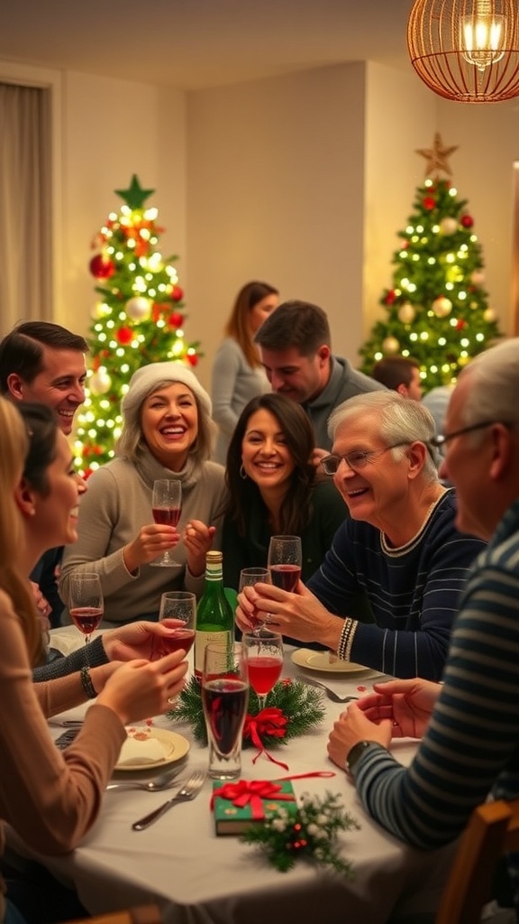 Adults enjoying funny Christmas party games, including charades and Pictionary, in a festive setting.